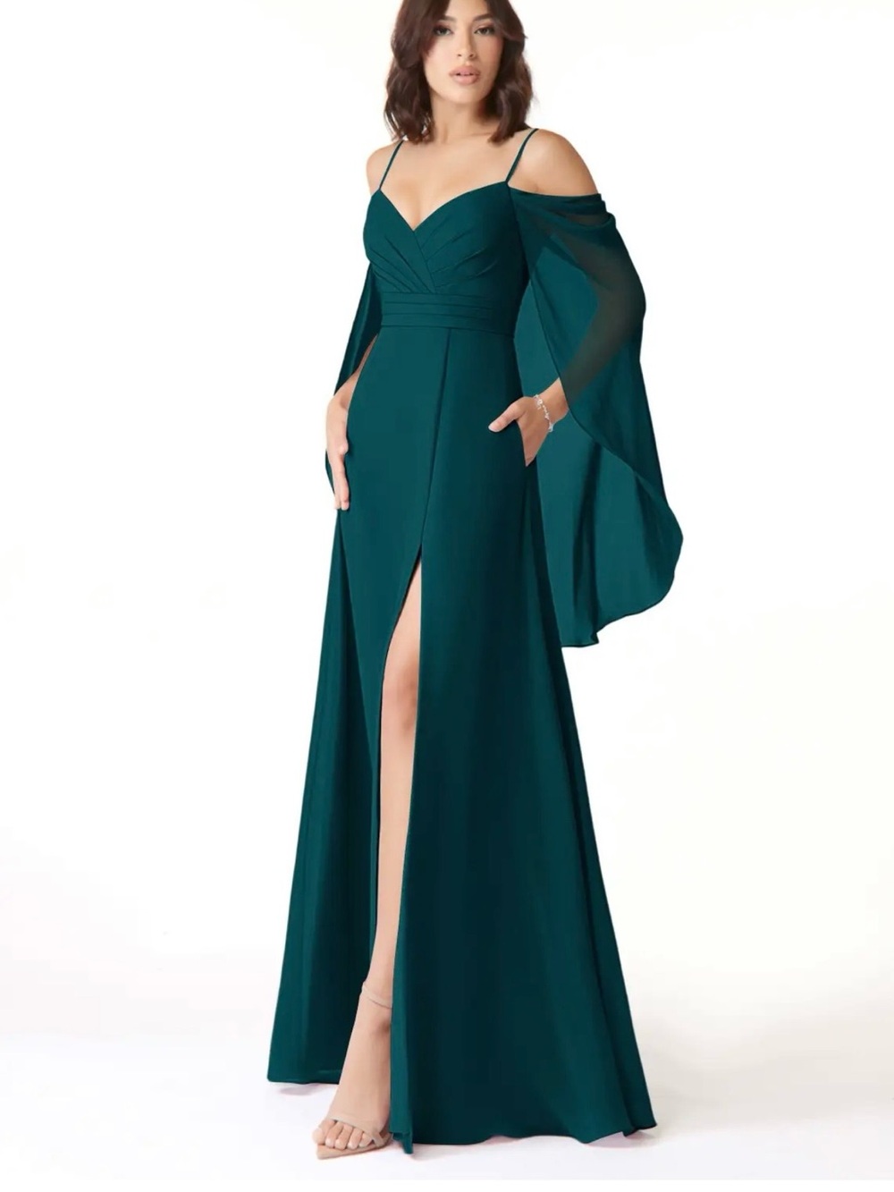 Azazie Pine Green Gown with Spaghetti Straps XL Bridesmaid Dress, Prom, Wedding
